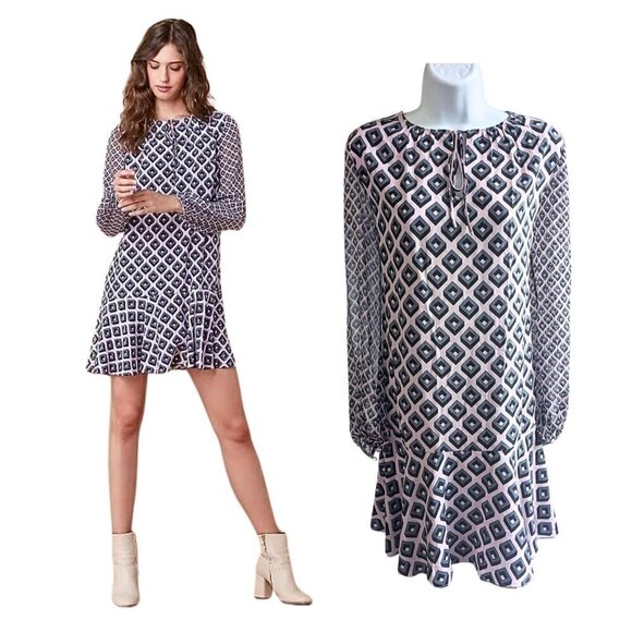 DIANE VON FURSTENBERG Purple Gray Keyhole Geometric Drop Waist Mini Dress Sz 0 - Picture 1 of 10